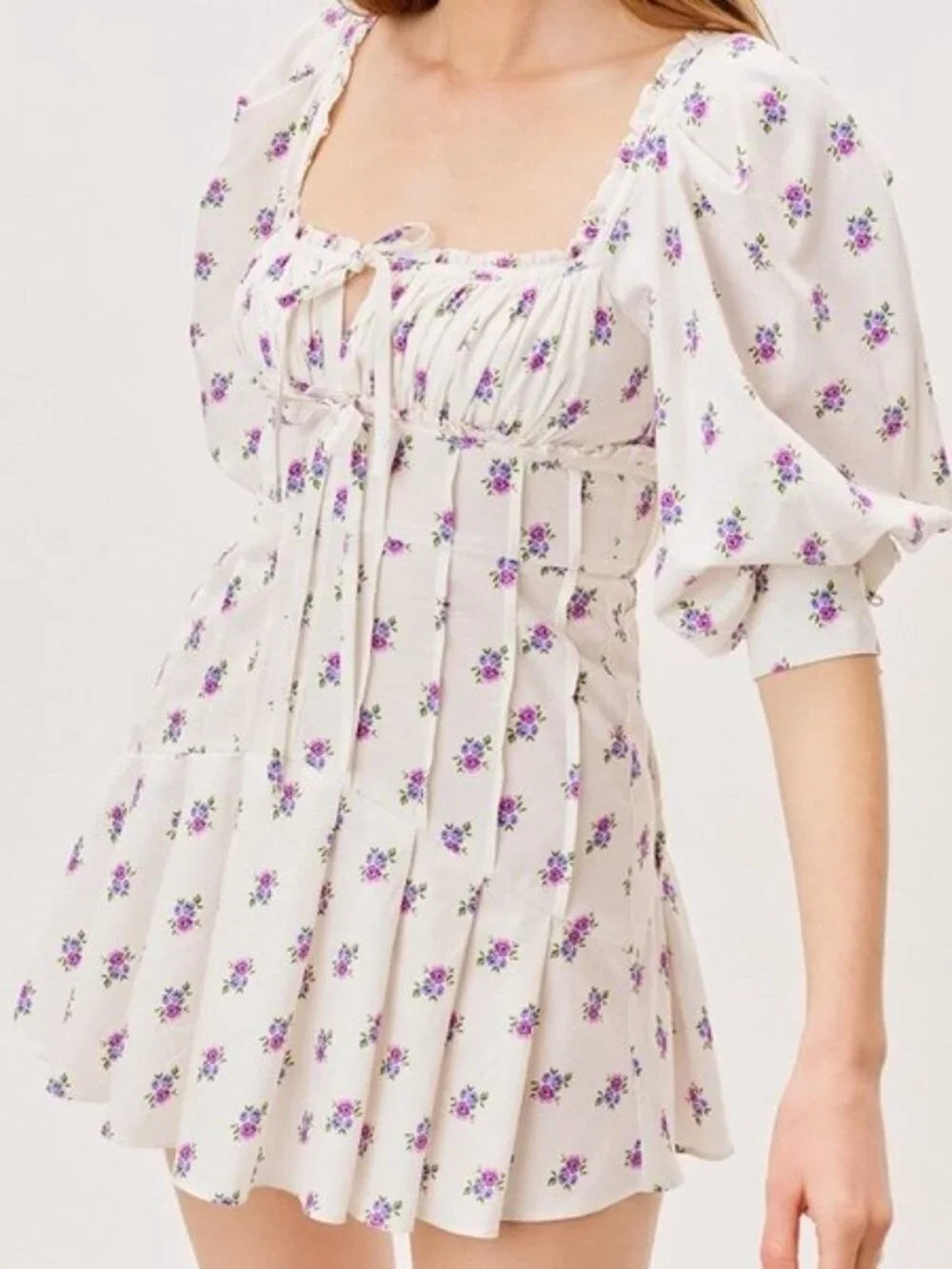 For Love & Lemons Viola White Floral Puff Sleeve Mini Dress XS